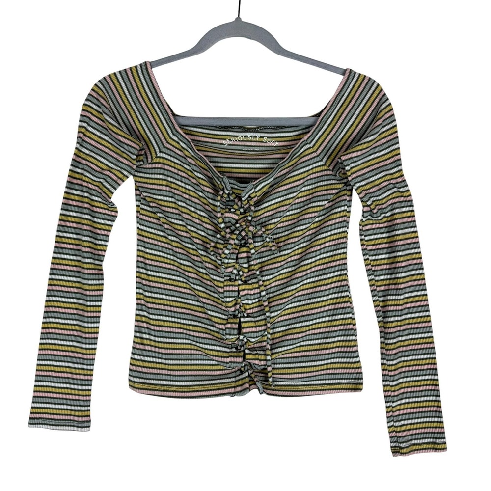 Aero Shirt Womens Medium Multicolor Stripe‎ Lace Up Long Sleeve Slim Stretch